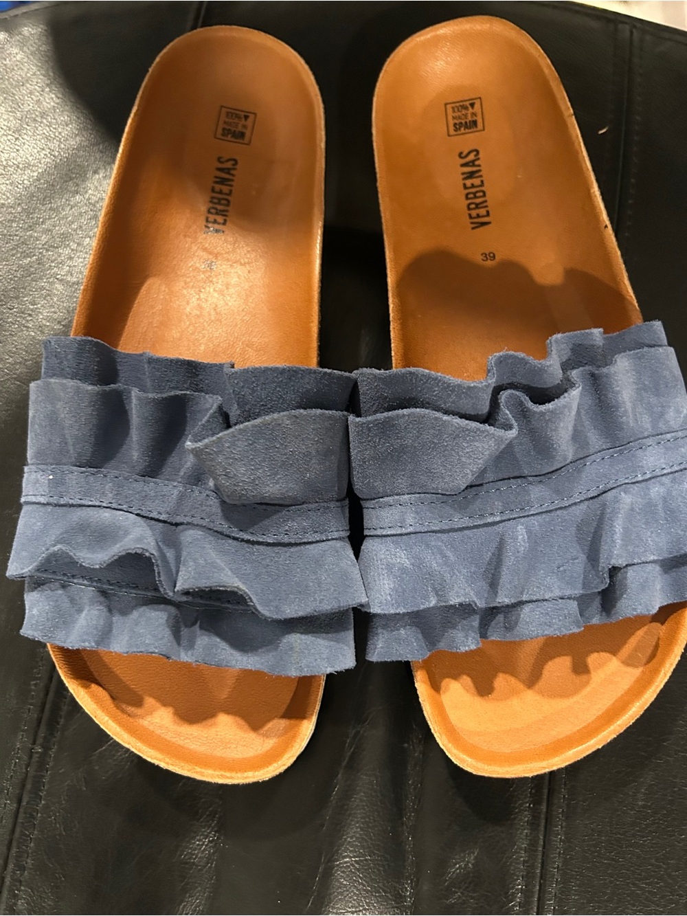 Verbenas Blue Ruffle Slide Mules Handmade in Spain.